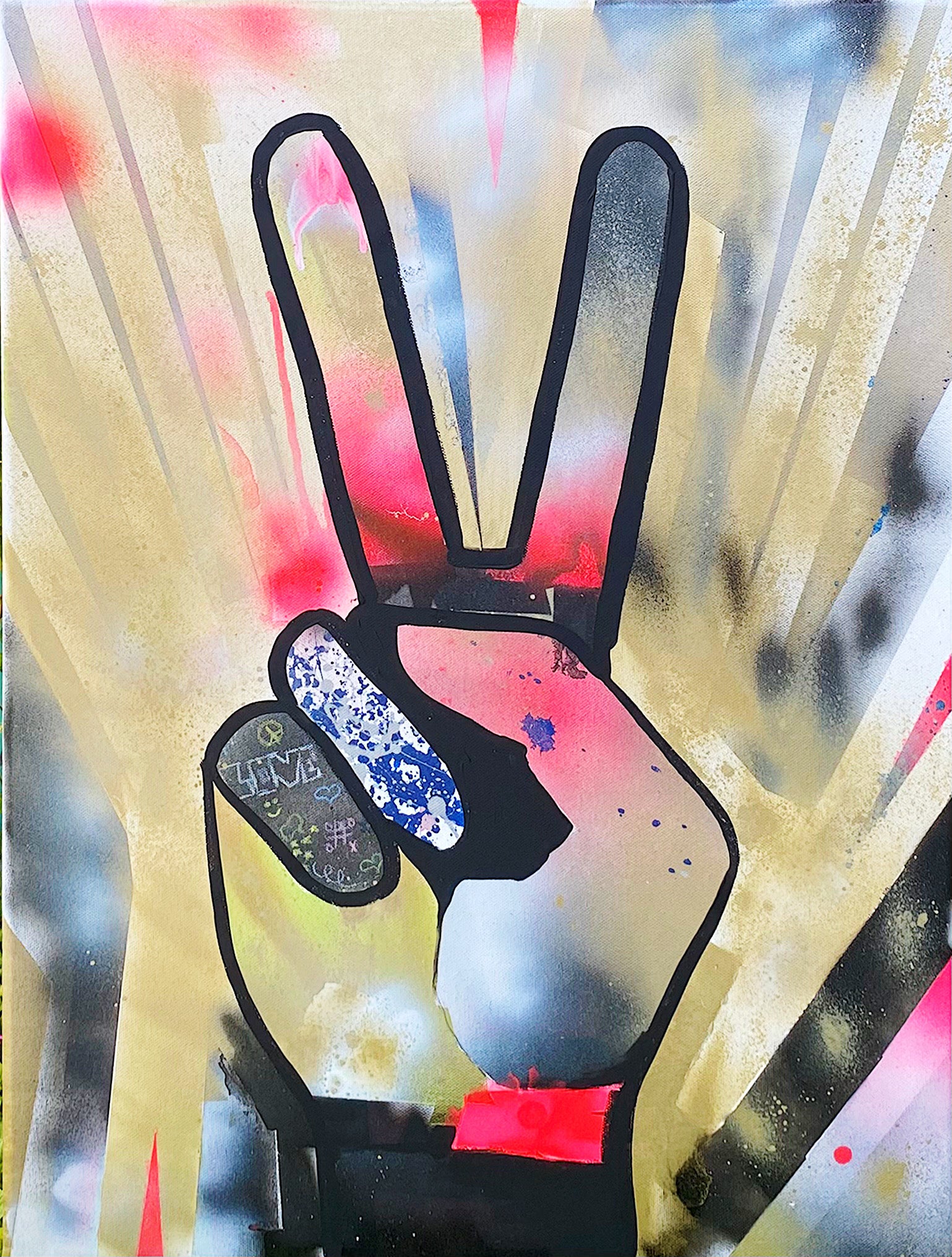 A peace sign with two fingers painted in acrylics paint, spray paint, crayons, markers and pencils in an abstract way.